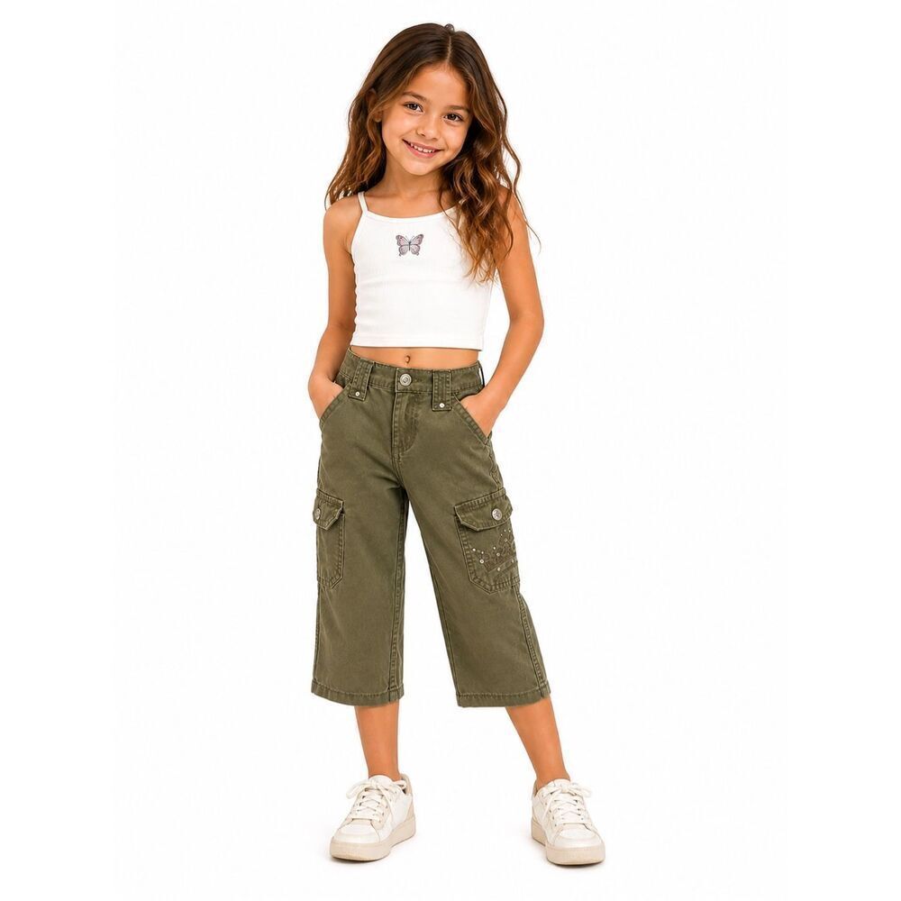 Faded Glory Girls Y2K Olive Cargo Capri Pants 6X Embellished Adjustable Waist
